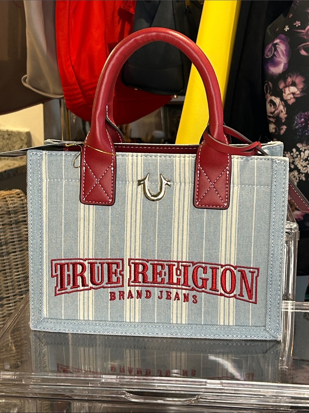 True Religion blue striped denim tote/ red leather trim 10.25”x 4.25”x 7.5” NWT - Picture 6 of 9